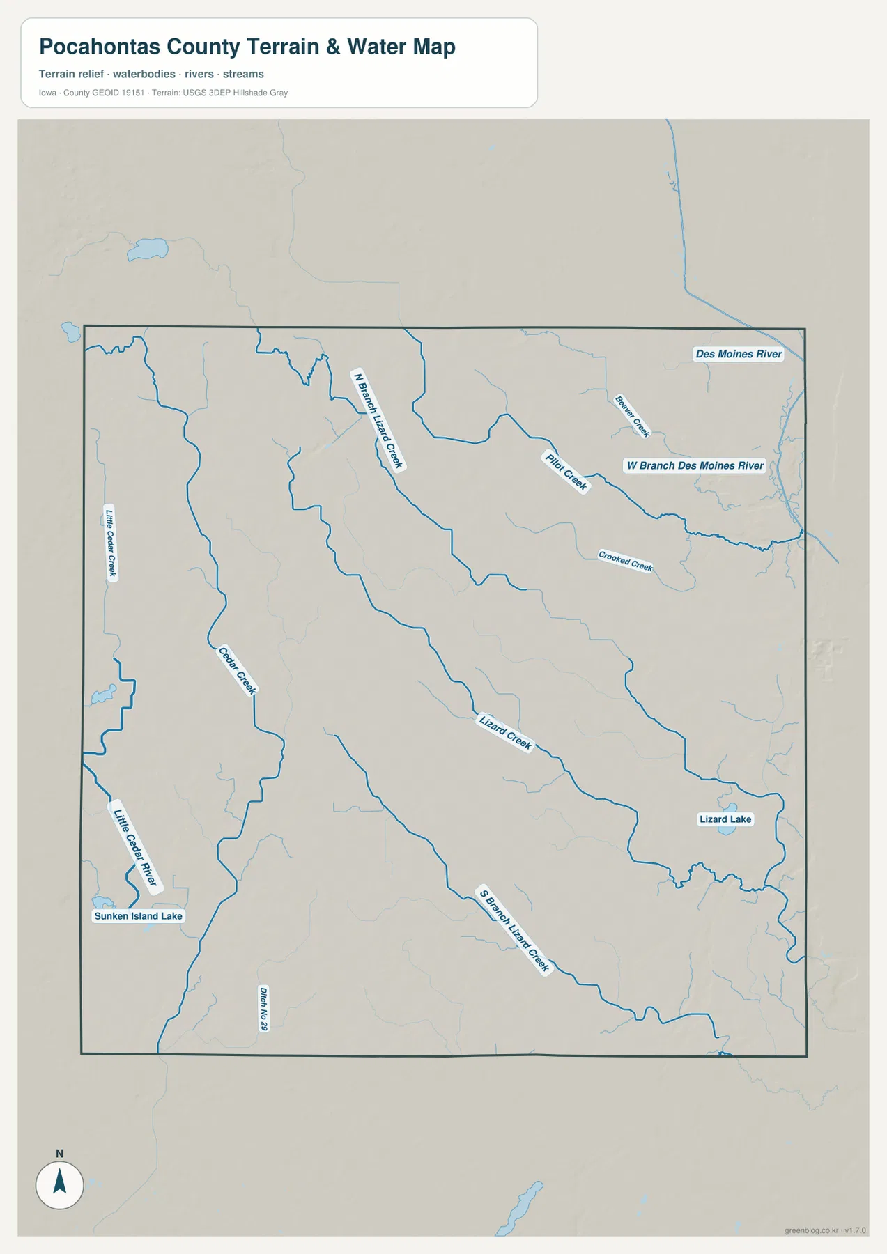 Pocahontas County Iowa Lizard Creek West Branch Des Moines River 물 지형 지도