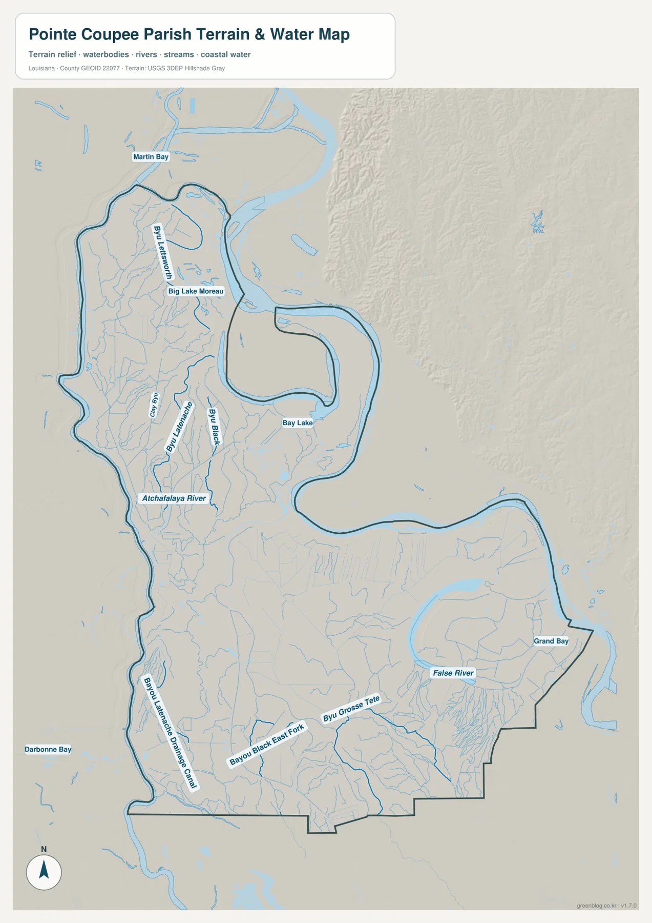 Atchafalaya River, False River, Bayou Grosse Tete, Bayou Latanache, Bayou Black과 주요 호수를 보여 주는 Pointe Coupee Parish 수역 지도