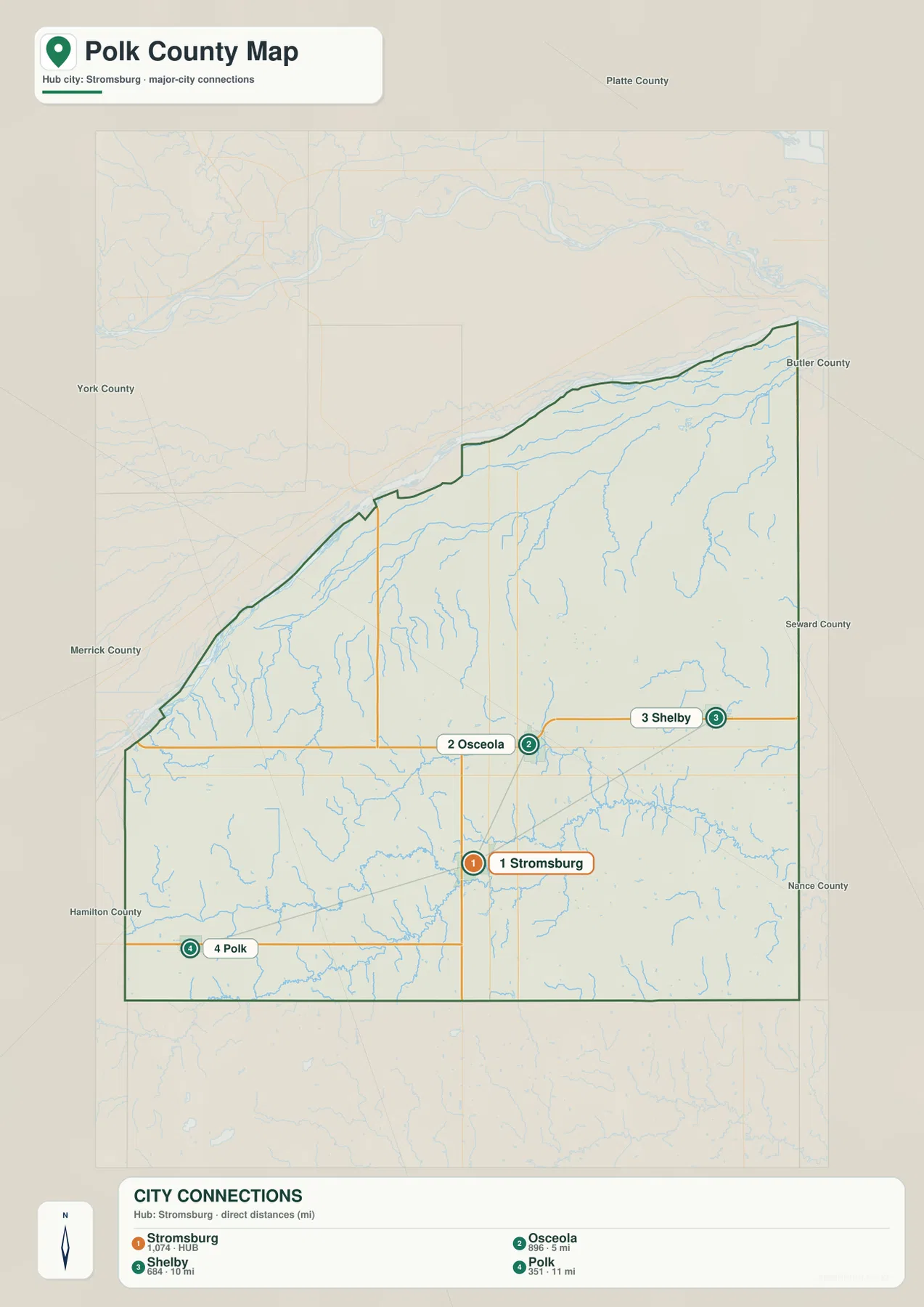Stromsburg, Osceola, Shelby, Polk의 상대 위치를 보여 주는 Polk County 도시 지도