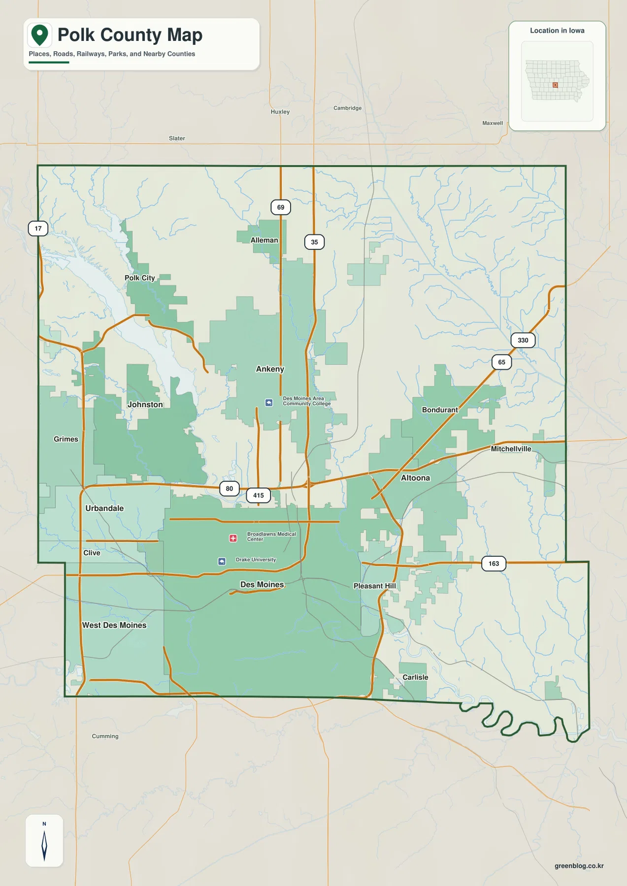 아이오와주 Polk County Des Moines Ankeny I-35 I-80 지도