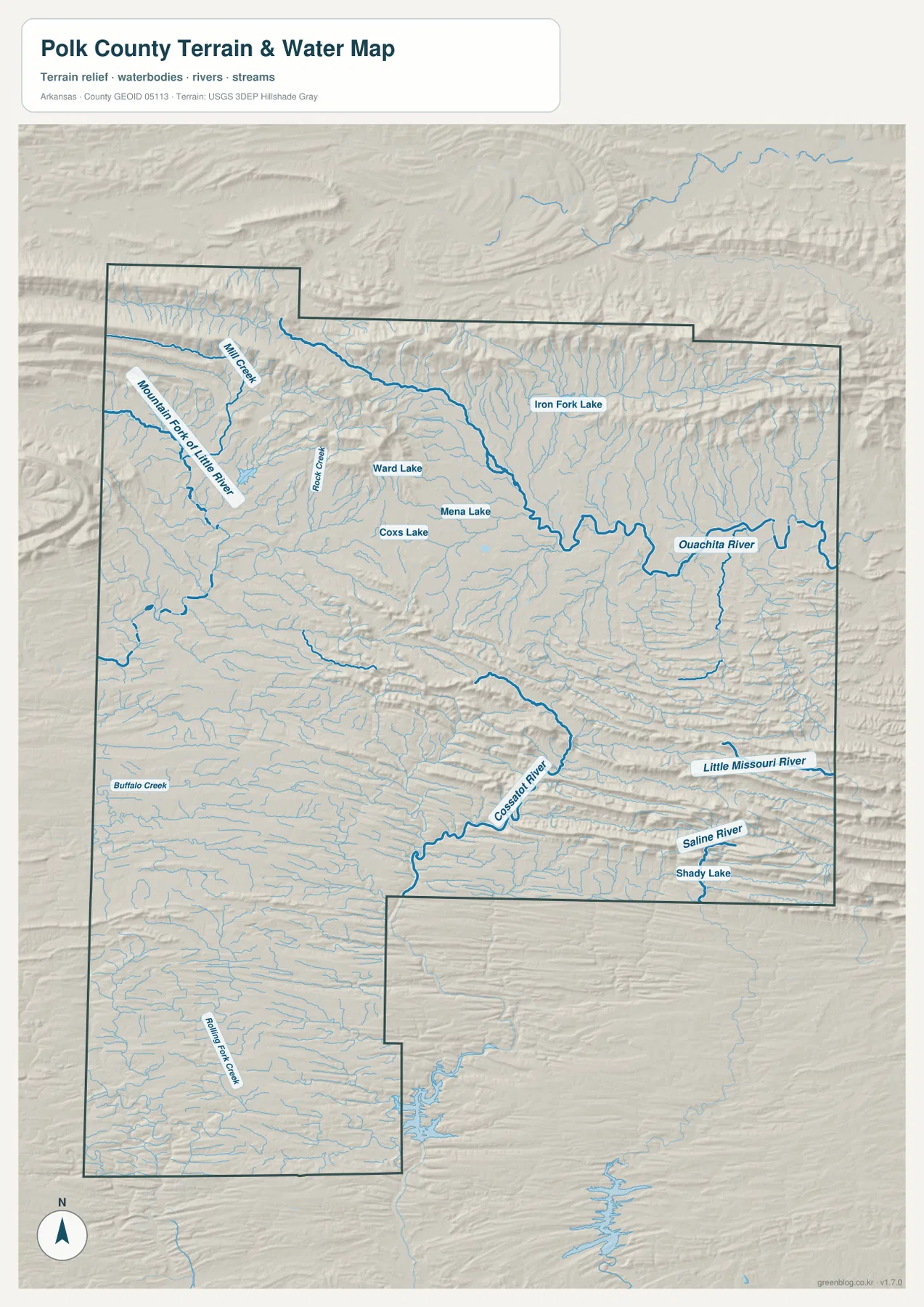 Ouachita River, Cossatot River, Little Missouri River, Saline River와 여러 산지 하천·호수를 표시한 폴크 카운티 수역 지형 지도