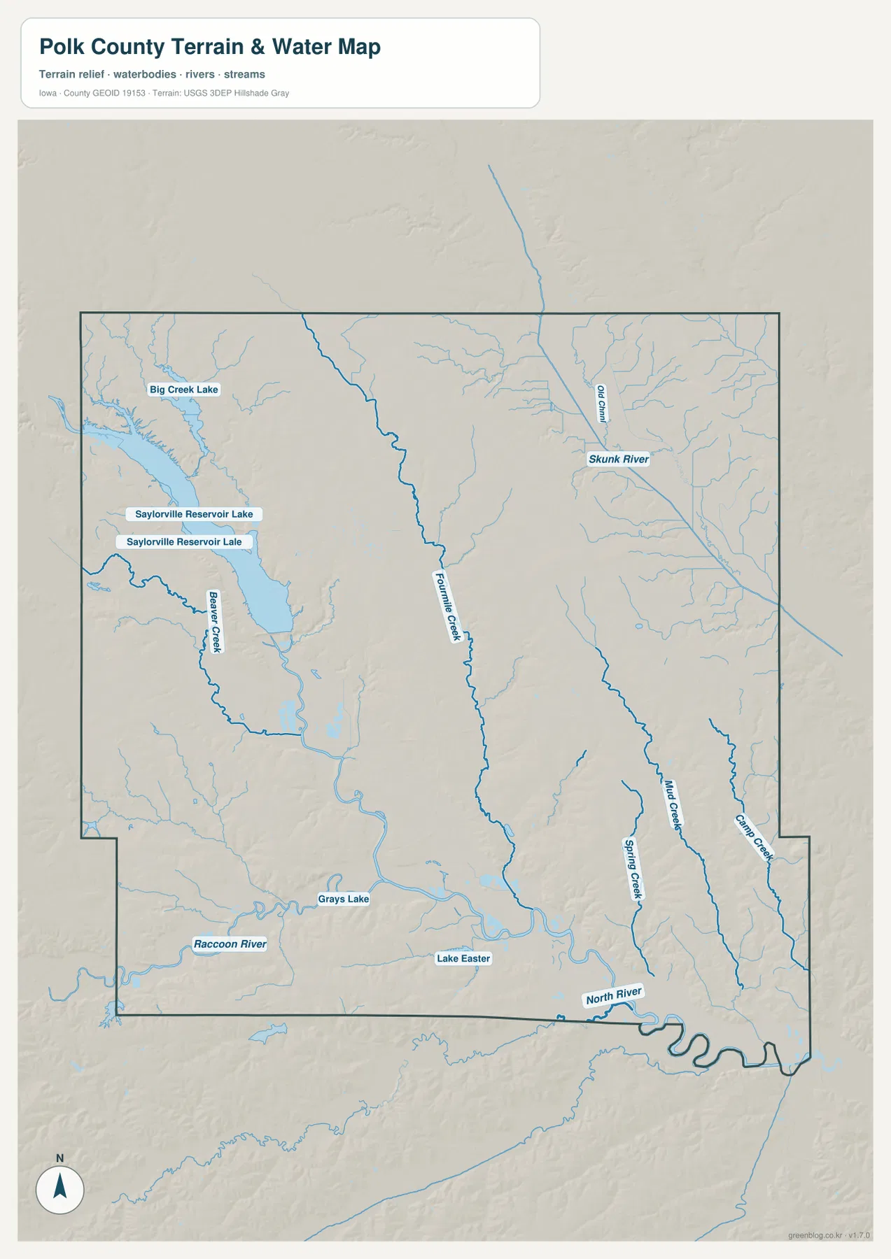 Polk County Iowa Saylorville Reservoir Beaver Creek Raccoon River Skunk River 수계 지도