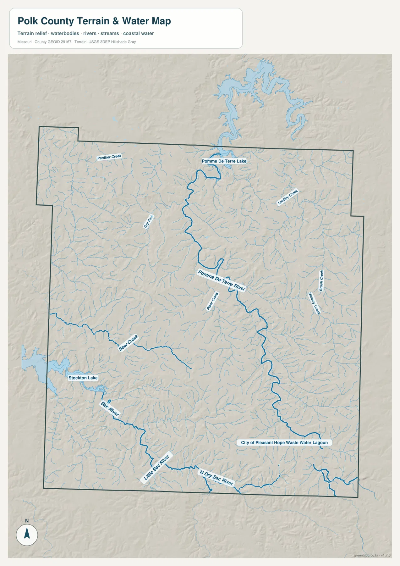 Pomme de Terre River, Pomme de Terre Lake, Stockton Lake, Sac River, Little Sac River, Bear Creek를 표시한 Polk County 지형 수역 지도