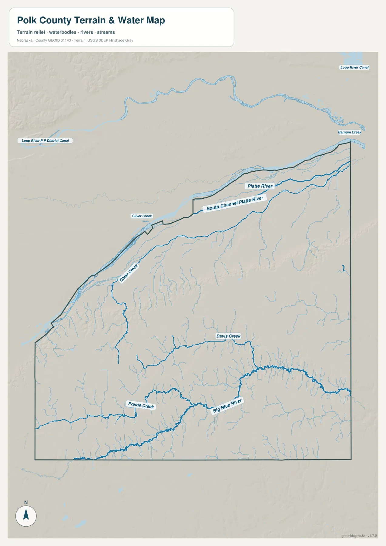 Platte River, South Channel Platte River, Big Blue River, Prairie Creek, Clear Creek와 Davis Creek를 표시한 Polk County 수역 지도
