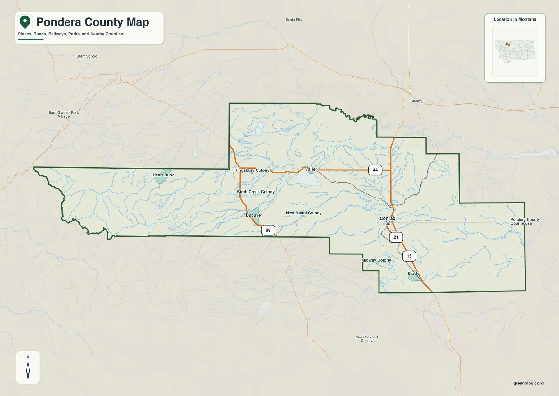 Conrad, Valier, Dupuyer, Brady, I-15, U.S. 89, Route 44와 주요 지역을 표시한 Pondera County 지도