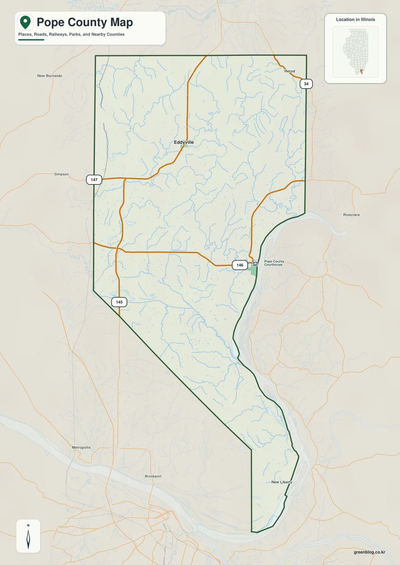 Eddyville, Herod, New Liberty와 34·145·146·147번 도로를 보여 주는 일리노이주 Pope County 지도