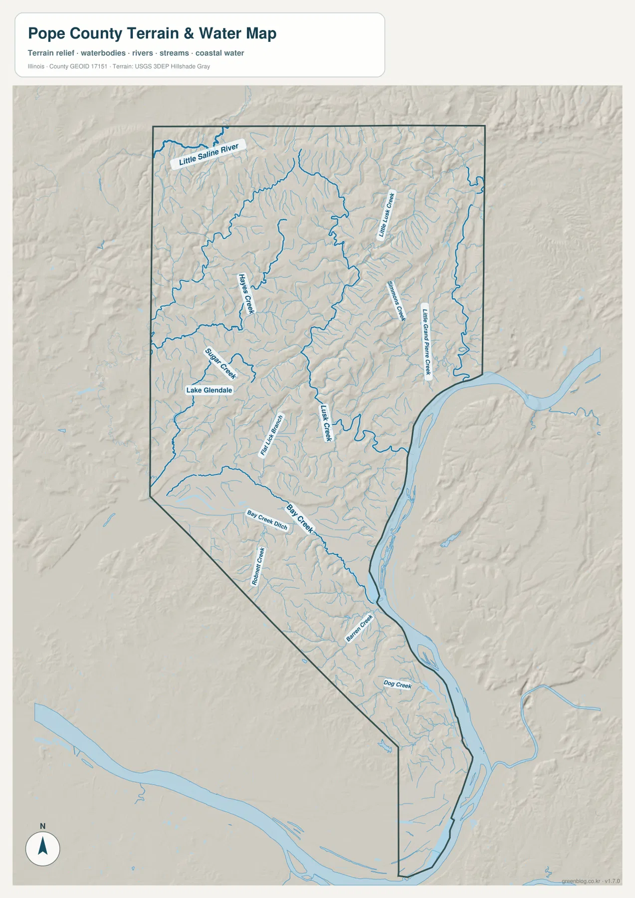 Lake Glendale, Little Saline River, Hayes Creek, Sugar Creek, Lusk Creek, Bay Creek와 Dog Creek을 보여 주는 Pope County 지형·수역 지도