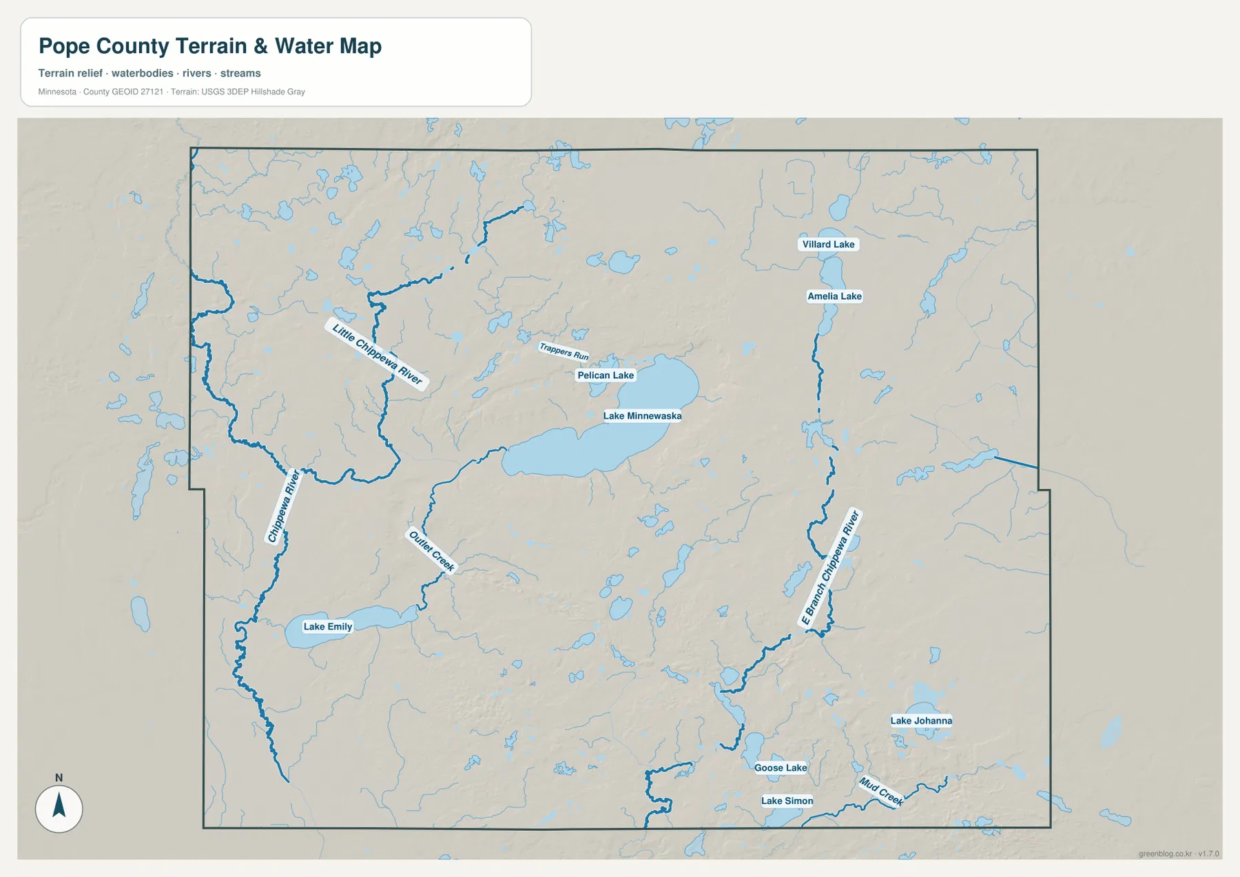 Lake Minnewaska, Chippewa River, Little Chippewa River, East Branch Chippewa River와 주변 호수를 표시한 포프 카운티 수역 지도