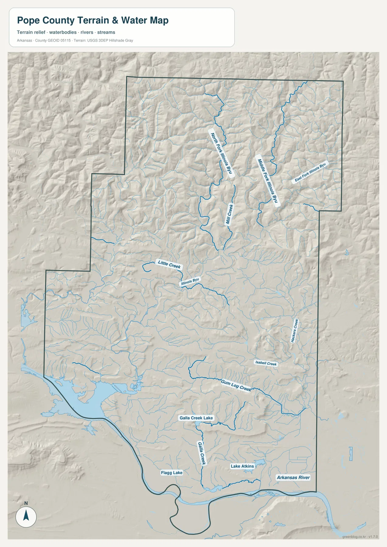 포프 카운티 수역 지도에서 Arkansas River, Illinois Bayou 지류, Galla Creek Lake와 Lake Atkins를 표시한 모습