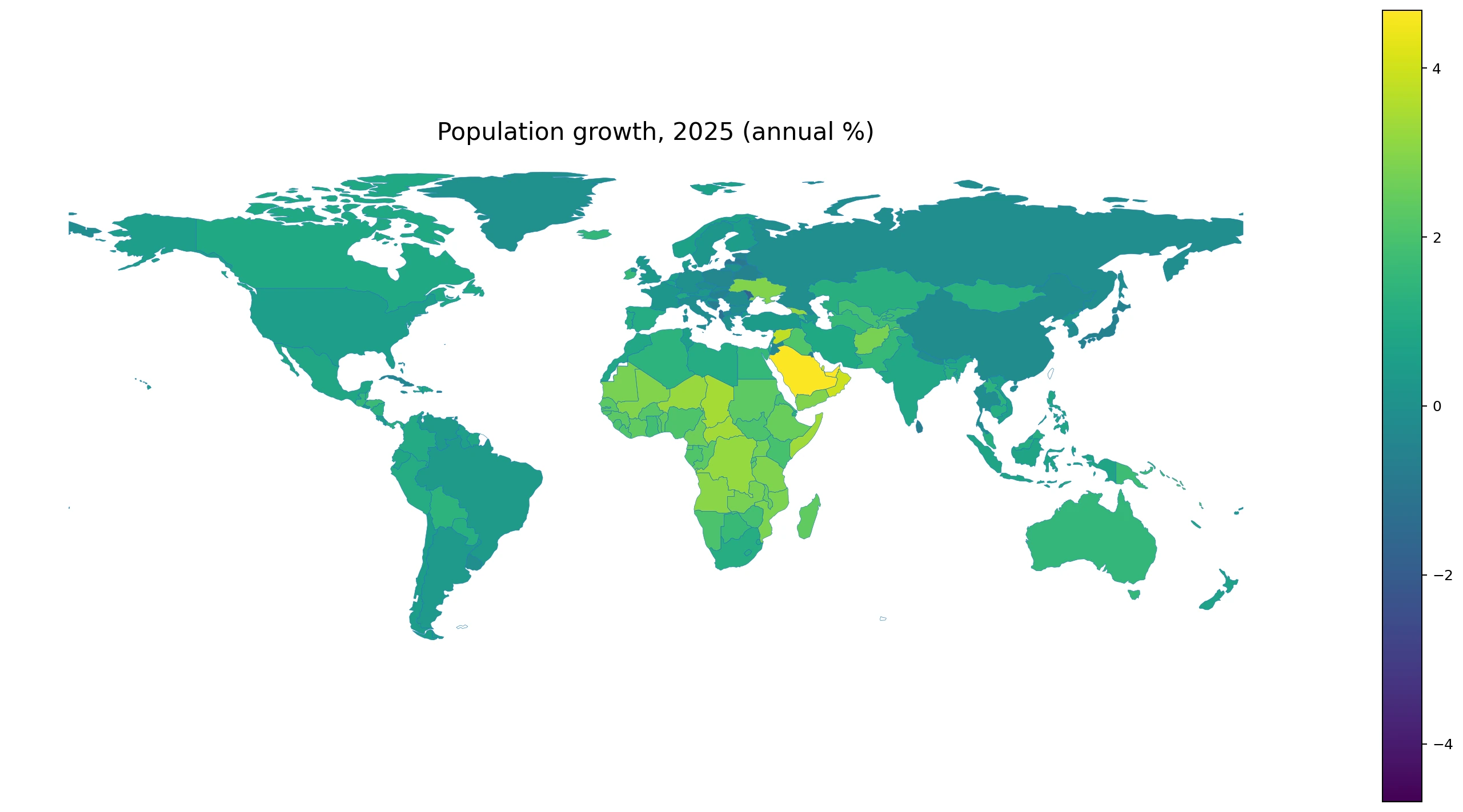 Mapa mundial del crecimiento anual de la población por país y economía en 2025