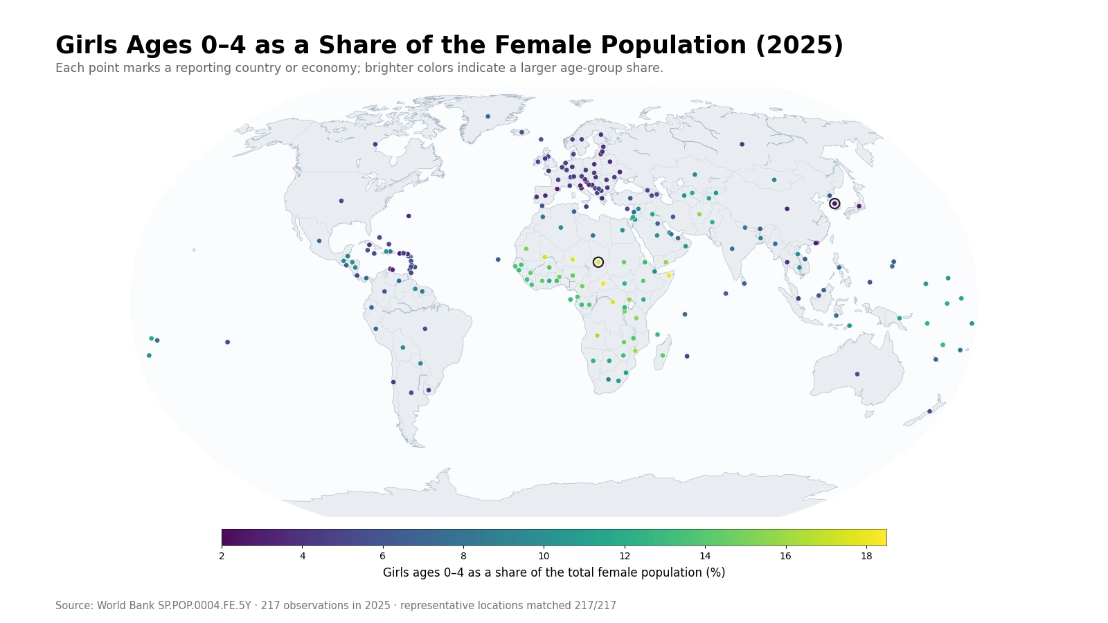 World map of girls ages 0–4 as a share of the female population in 2025