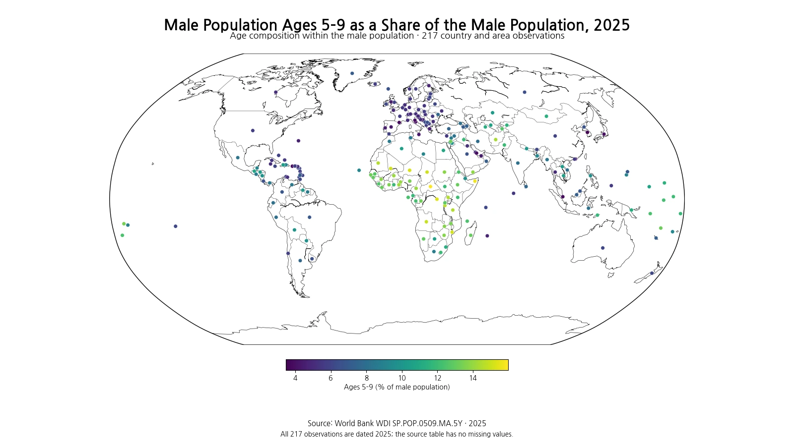 World map of males ages 5–9 as a share of the male population in 2025