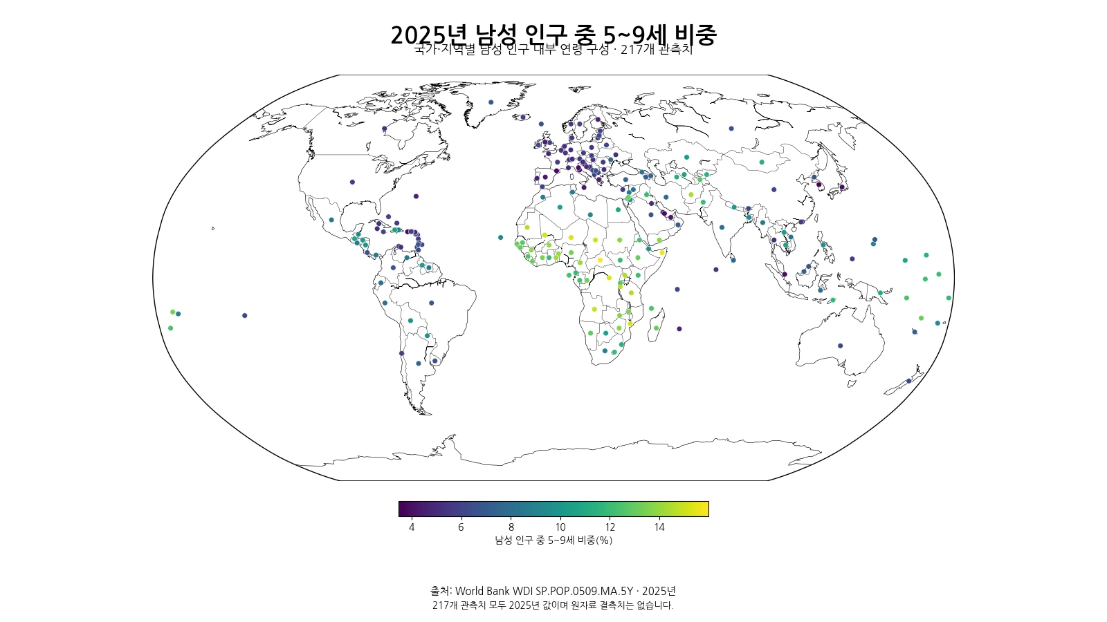 남성 인구의 5~9세 비중, 지역별 차이는 얼마나 클까? (2025년)