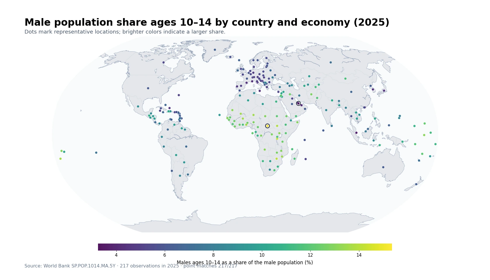World map showing males ages 10–14 as a share of the male population in 2025 using country and economy reference points