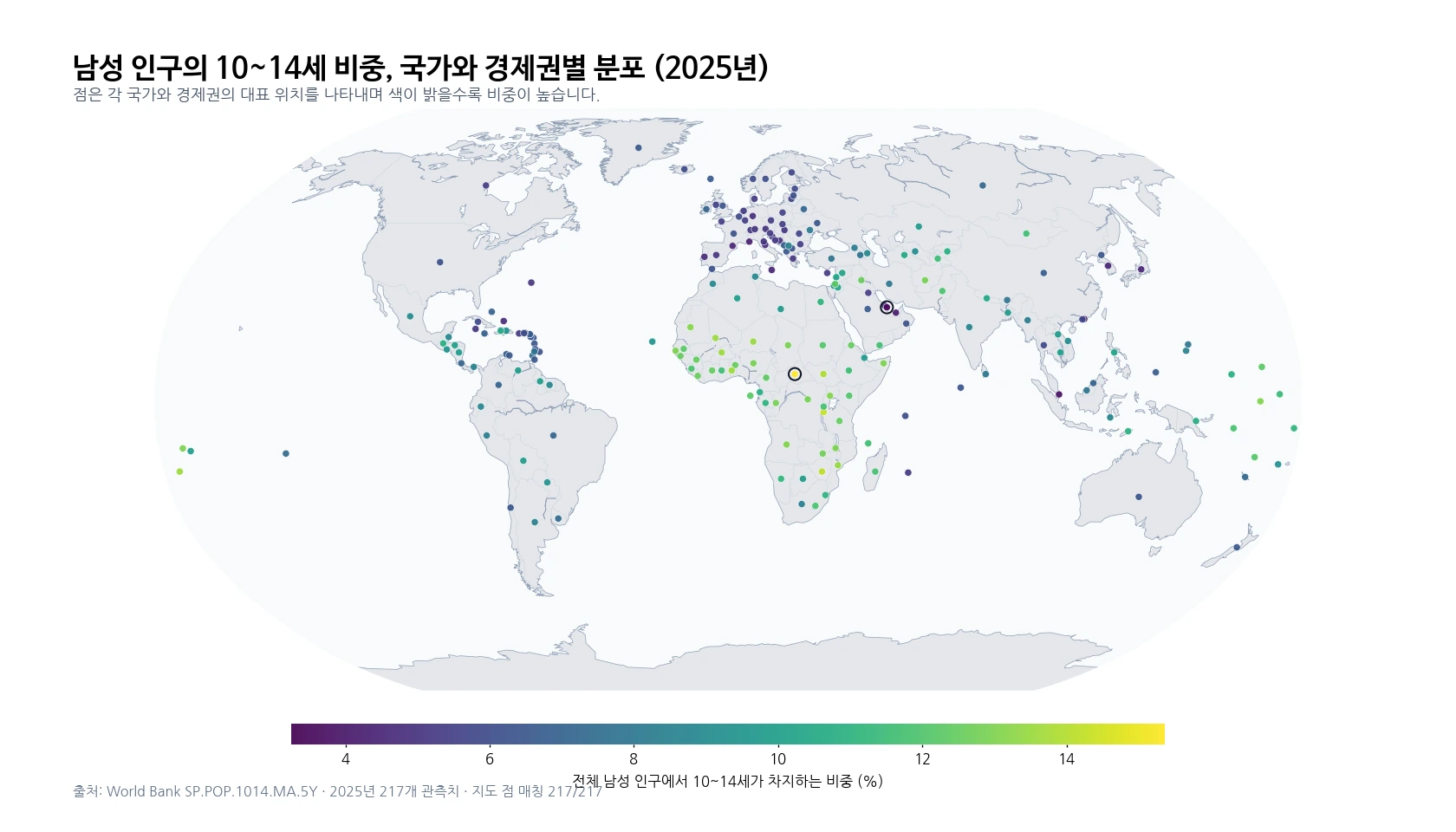 2025년 남성 인구 중 10~14세 비중을 국가와 경제권별 대표 위치로 나타낸 세계 지도