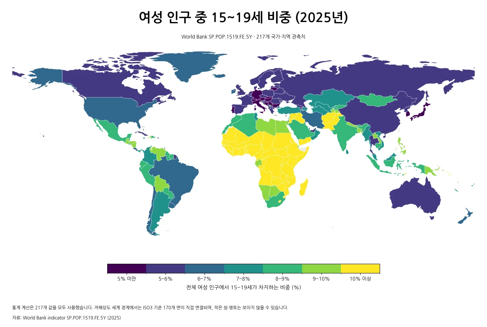 2025년 여성 인구 중 15~19세 비중을 국가별로 보여 주는 세계 지도