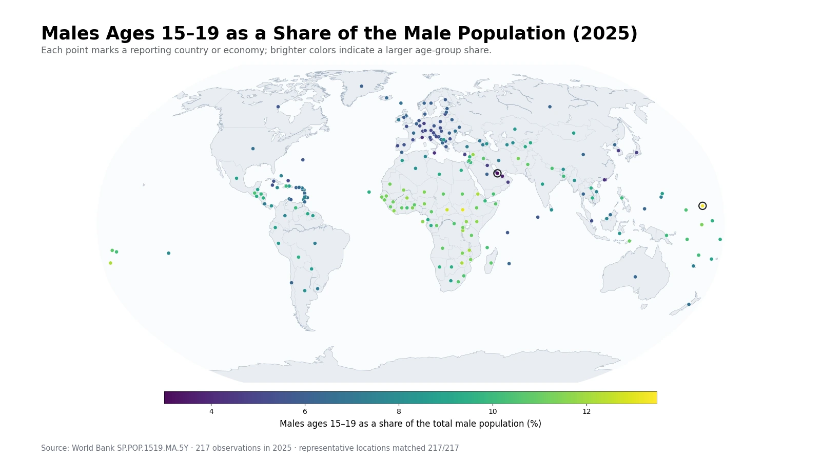 World map of males ages 15–19 as a share of the male population in 2025