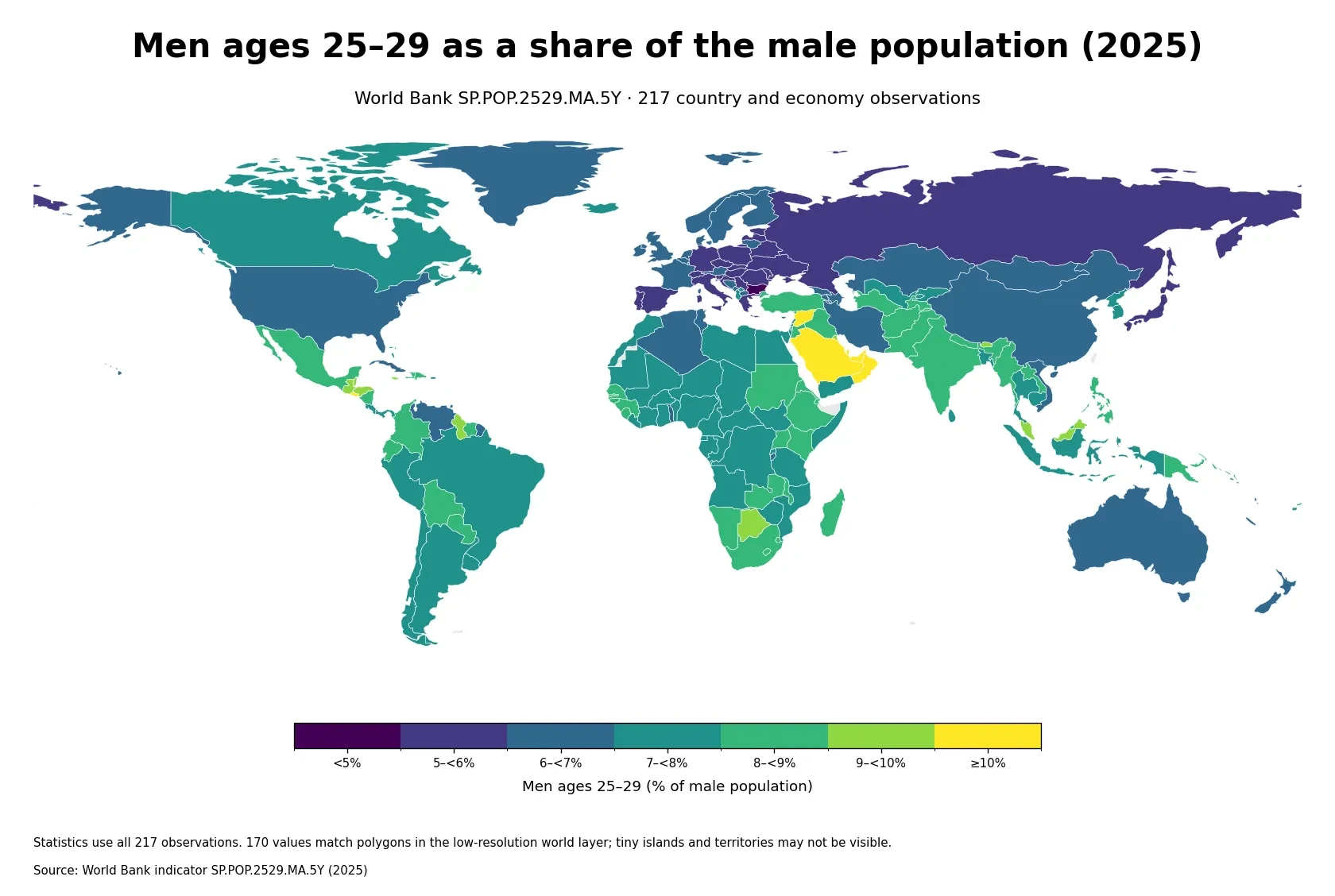 World map of men ages 25–29 as a percentage of the male population in 2025