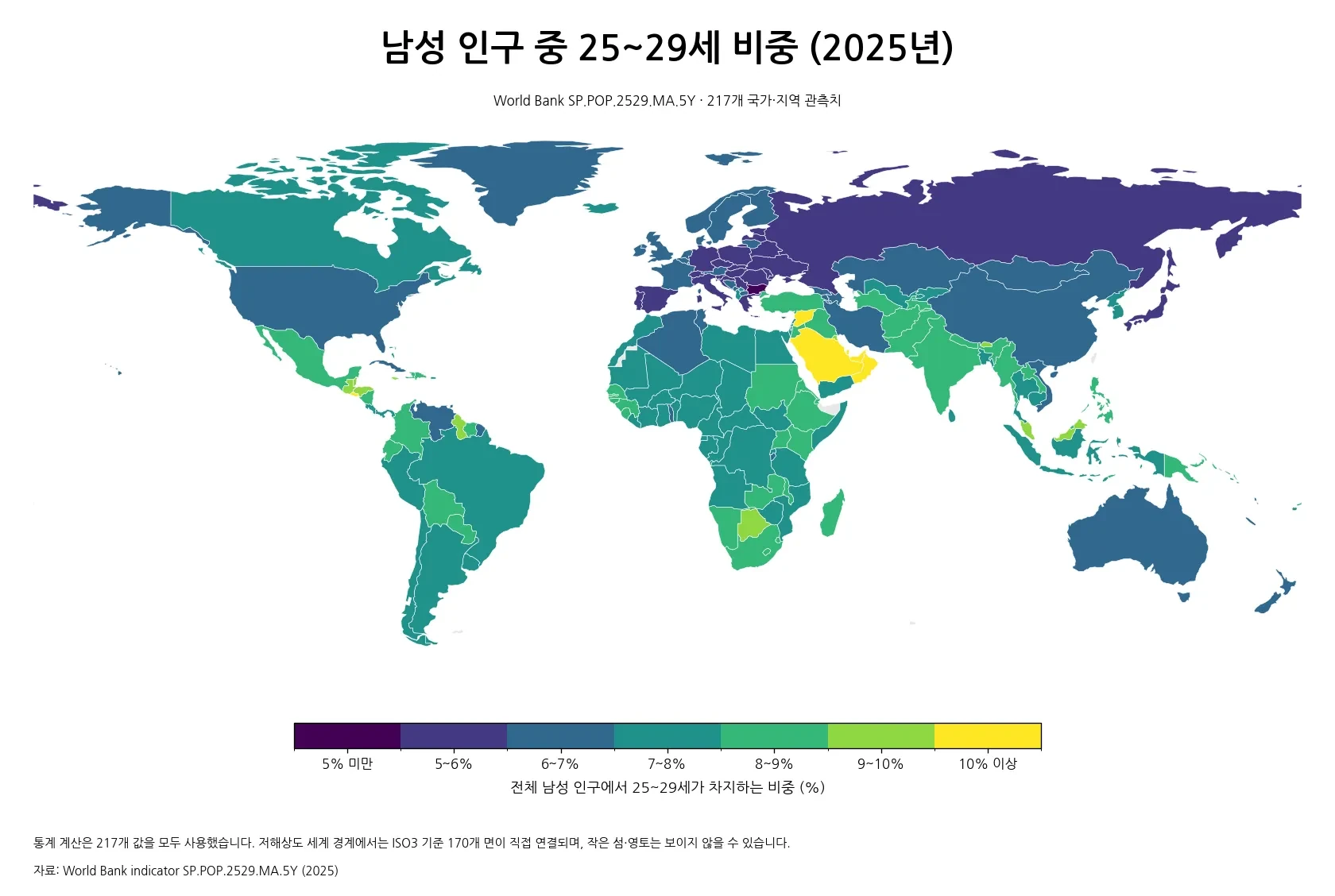 2025년 남성 인구 중 25~29세 비중을 국가별로 보여 주는 세계 지도