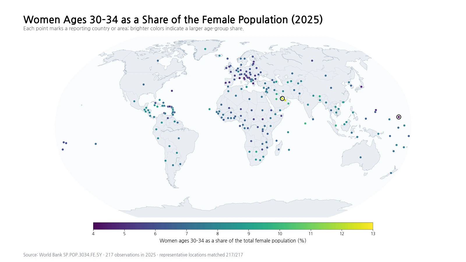World map showing women ages 30 to 34 as a share of the female population in 2025