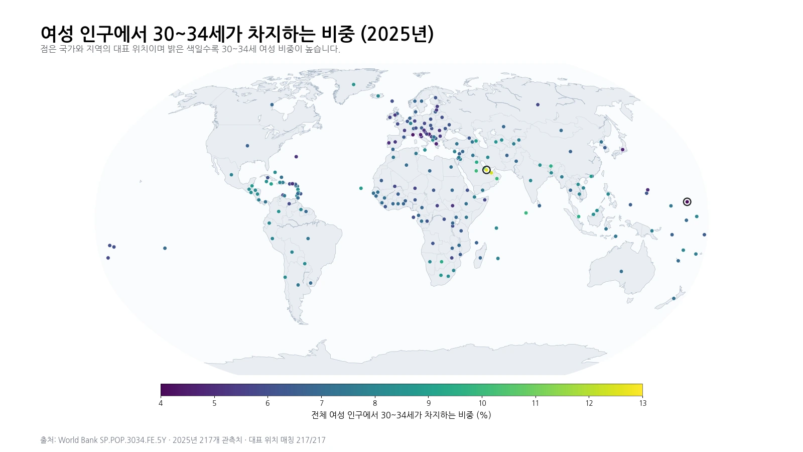 2025년 여성 인구 중 30~34세 비중을 국가와 지역의 대표 위치에 표시한 세계 지도