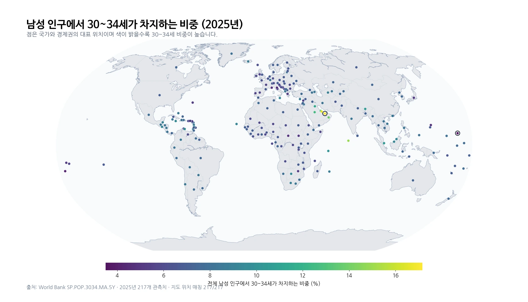 2025년 남성 인구 중 30~34세 비중을 국가와 경제권별 대표 위치로 나타낸 세계 지도