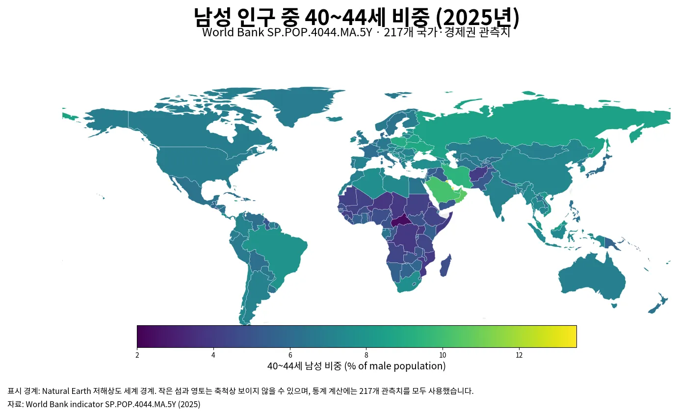 2025년 남성 인구 중 40~44세 비중을 국가별로 나타낸 세계 지도