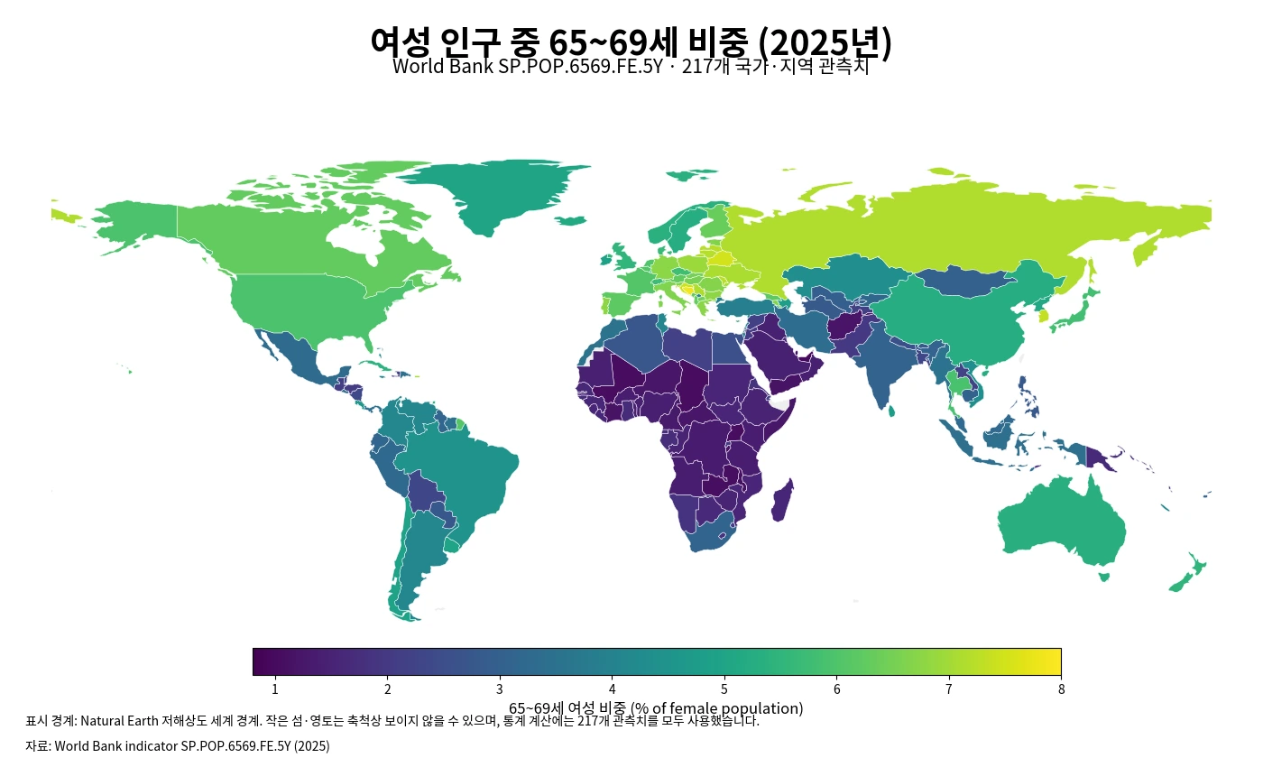 2025년 여성 인구에서 65~69세가 차지하는 비중을 국가별로 나타낸 세계 지도