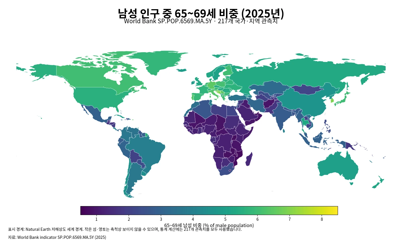 2025년 남성 인구에서 65~69세가 차지하는 비중을 국가별로 나타낸 세계 지도