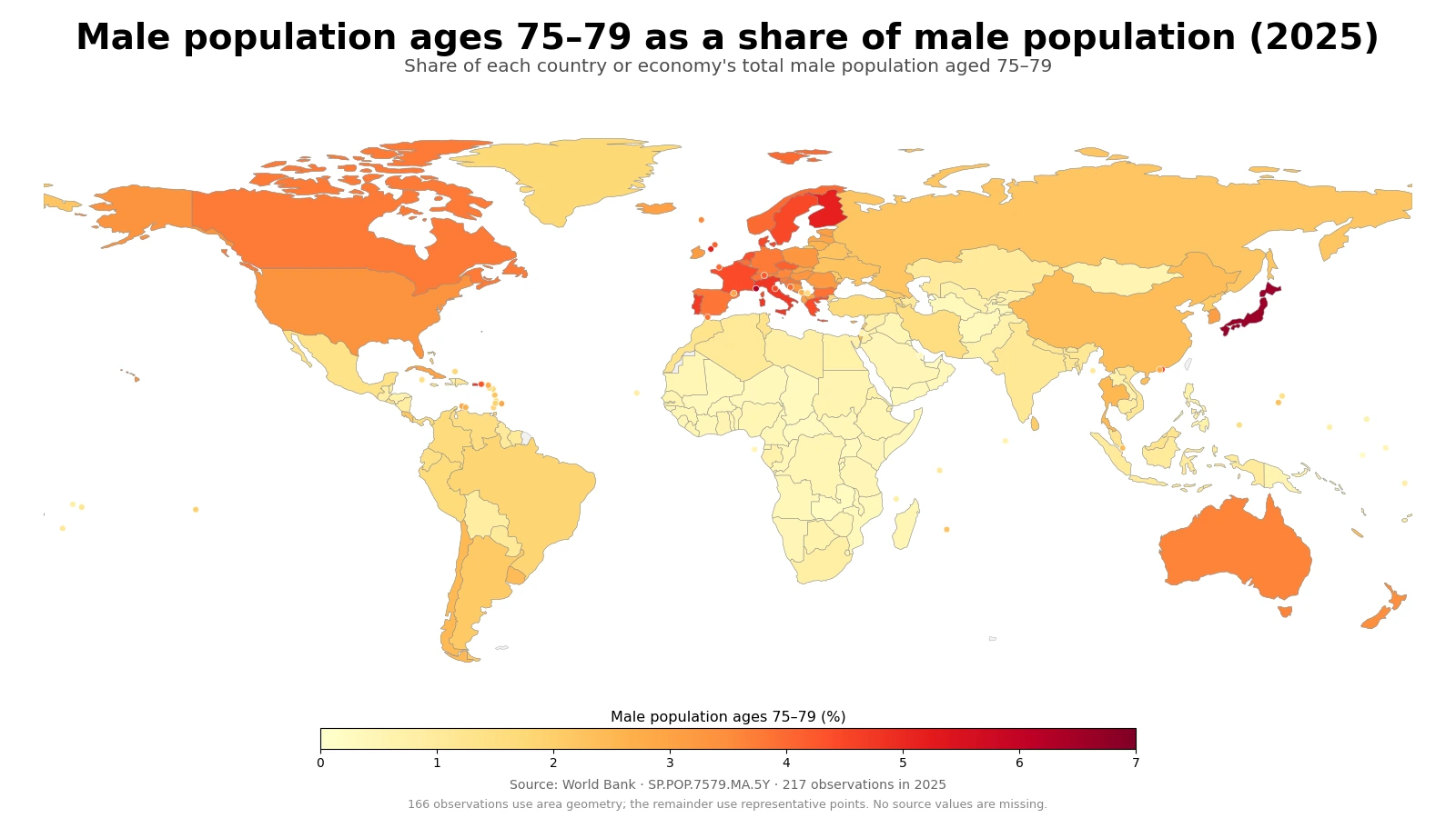 World map of the share of male population aged 75 to 79 in 2025