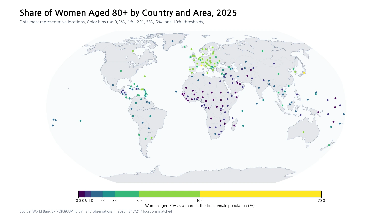 World map showing women aged 80 and older as a share of the female population in 2025