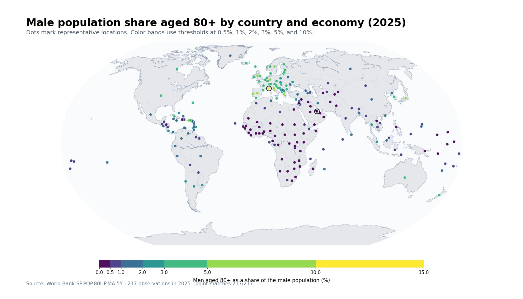 World map of males aged 80 and older as a share of the male population in 2025