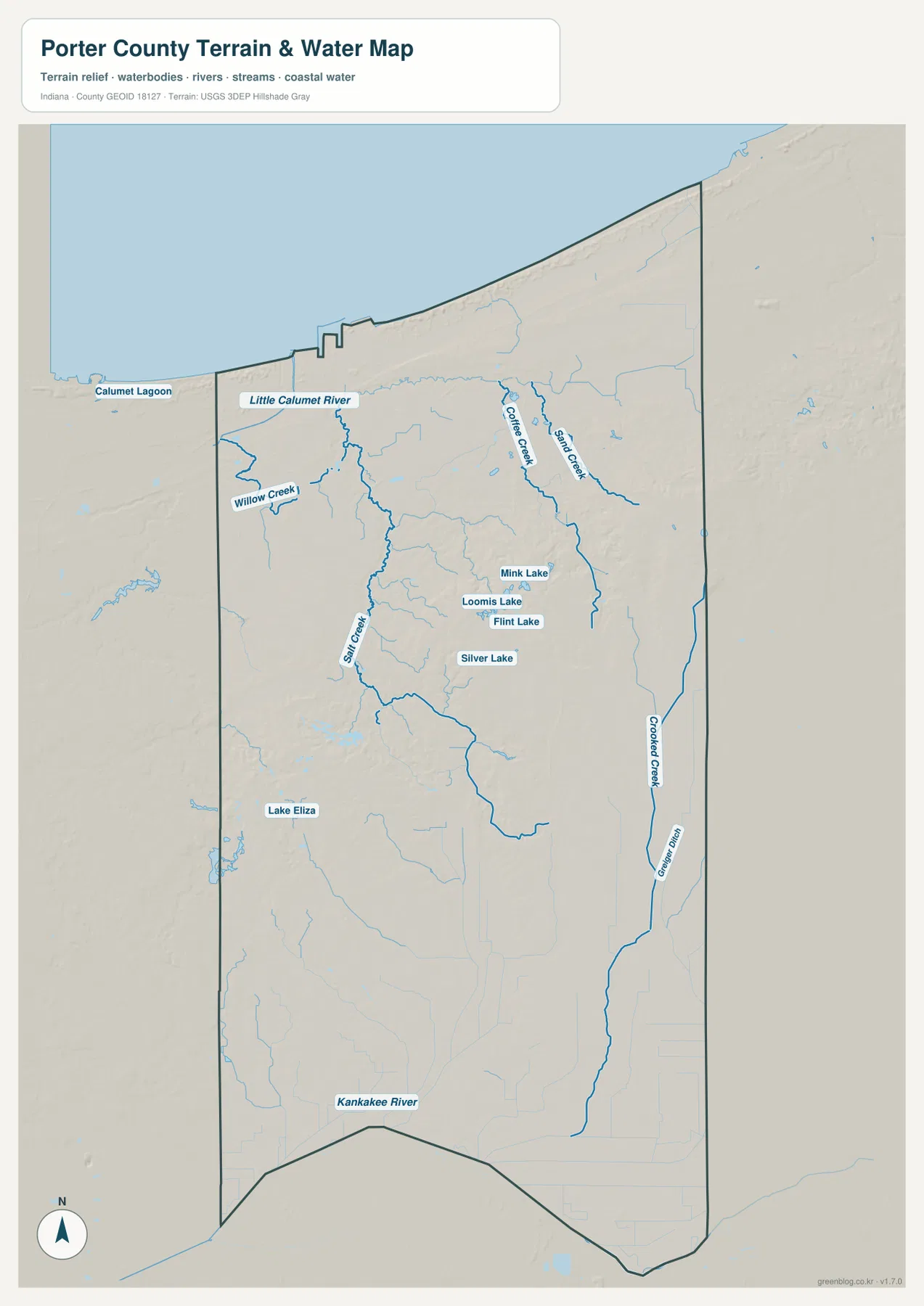 Porter County 수역 지도에 Lake Michigan, Little Calumet River, Salt Creek, Coffee Creek, Sand Creek, Crooked Creek와 여러 호수가 표시된 모습