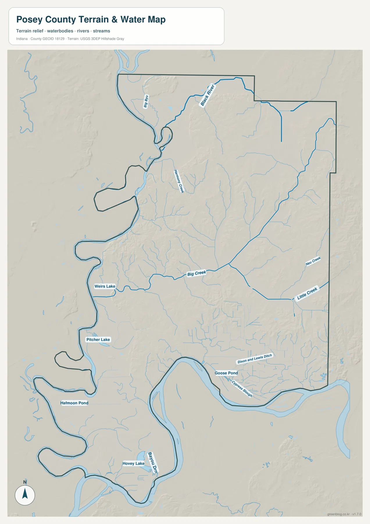 Posey County 수역 지도에 Black River, Harmonie Creek, Big Creek, Hovey Lake, Weirs Lake, Pitcher Lake와 여러 물길이 표시된 모습