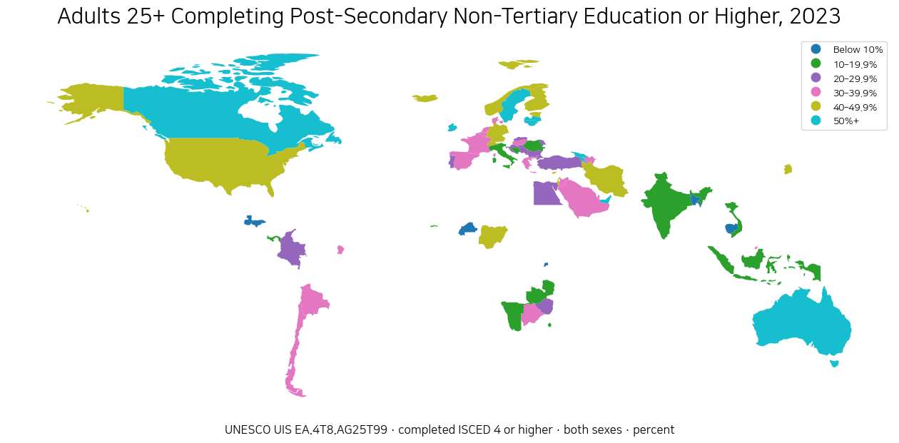 World map of the percentage of adults age 25 and older who completed post-secondary non-tertiary education or higher in 2023
