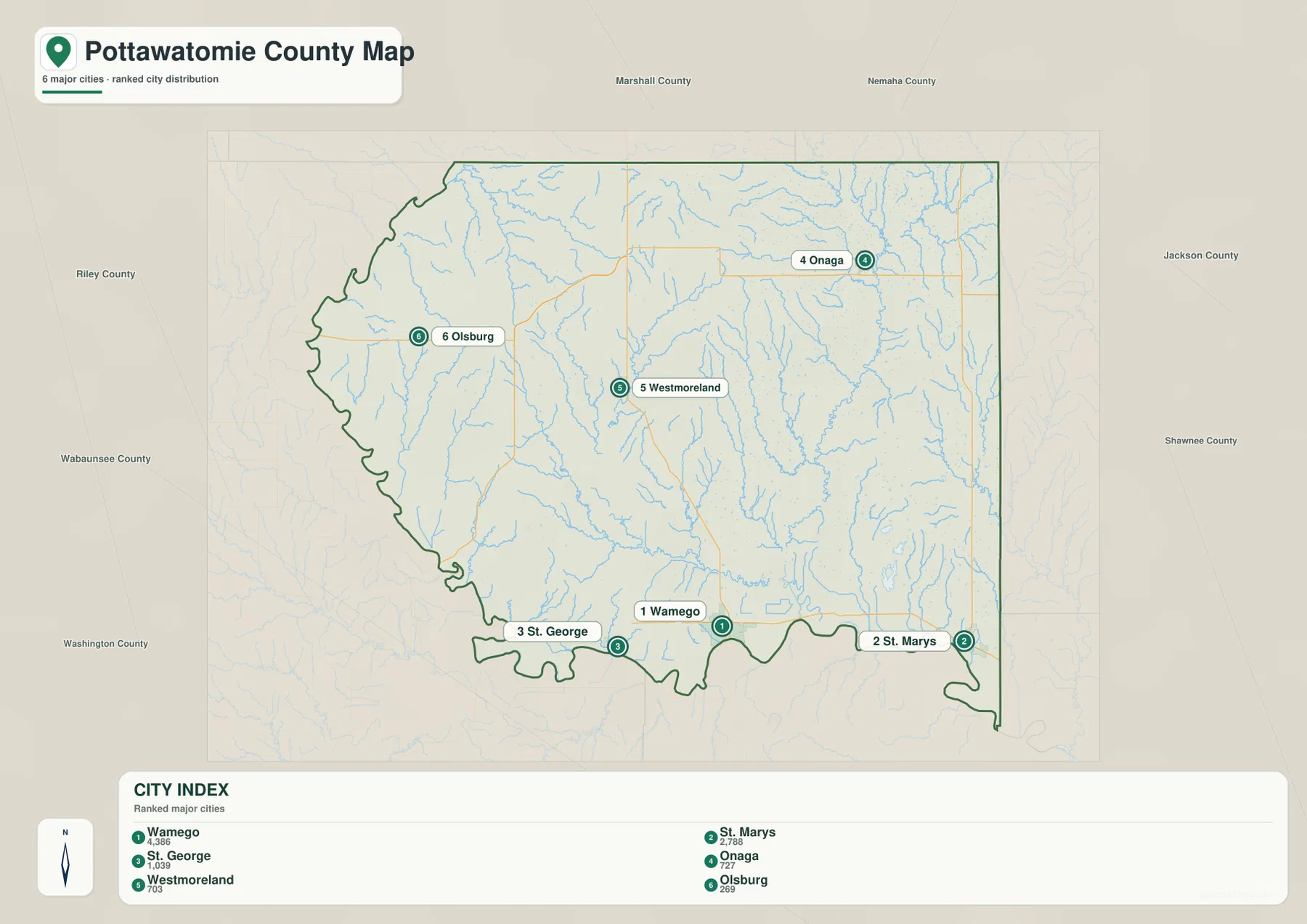 Pottawatomie County Kansas city map showing Wamego, St. Marys, St. George, Onaga, Westmoreland and Olsburg