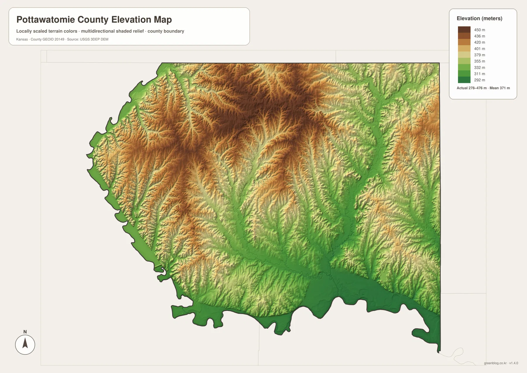 Pottawatomie County Kansas elevation map showing 278 to 476 meter relief, Kansas River lowlands and higher northern hills