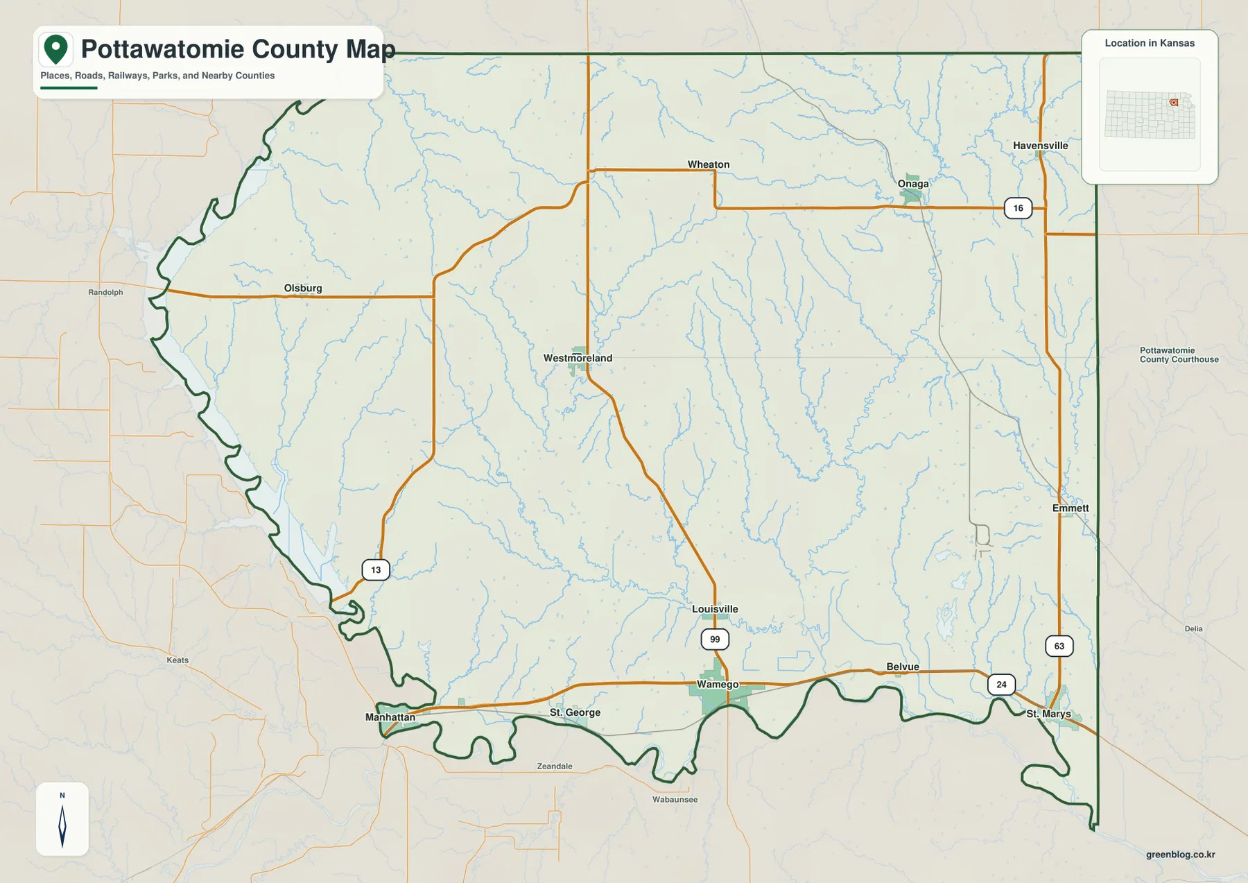 Pottawatomie County Kansas map showing Wamego, St. Marys, St. George, Westmoreland, US 24, K-99 and K-16