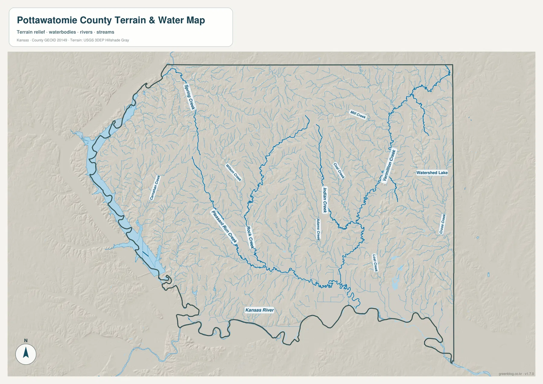 Pottawatomie County Kansas terrain and water map showing Kansas River, Tuttle Creek Lake, Spring Creek, Rock Creek, Indian Creek and Vermillion Creek