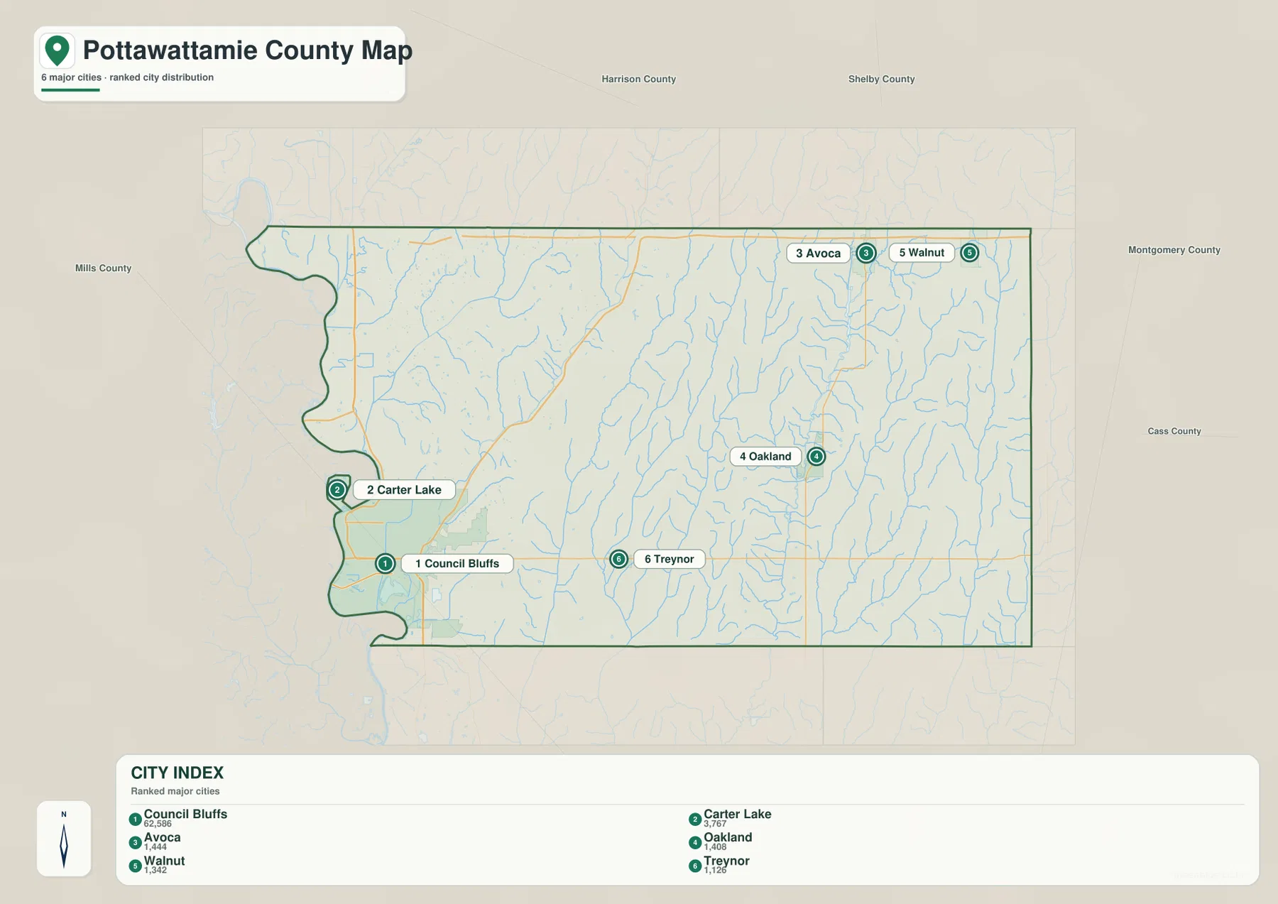 Pottawattamie County Iowa Council Bluffs Carter Lake Avoca Oakland Walnut Treynor 도시 지도