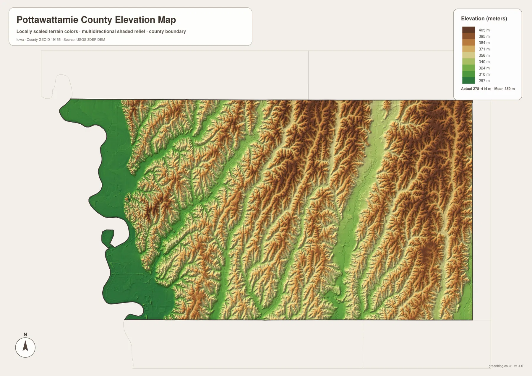 Pottawattamie County Iowa 278 414m 고도 Missouri River 저지 동부 구릉 지도