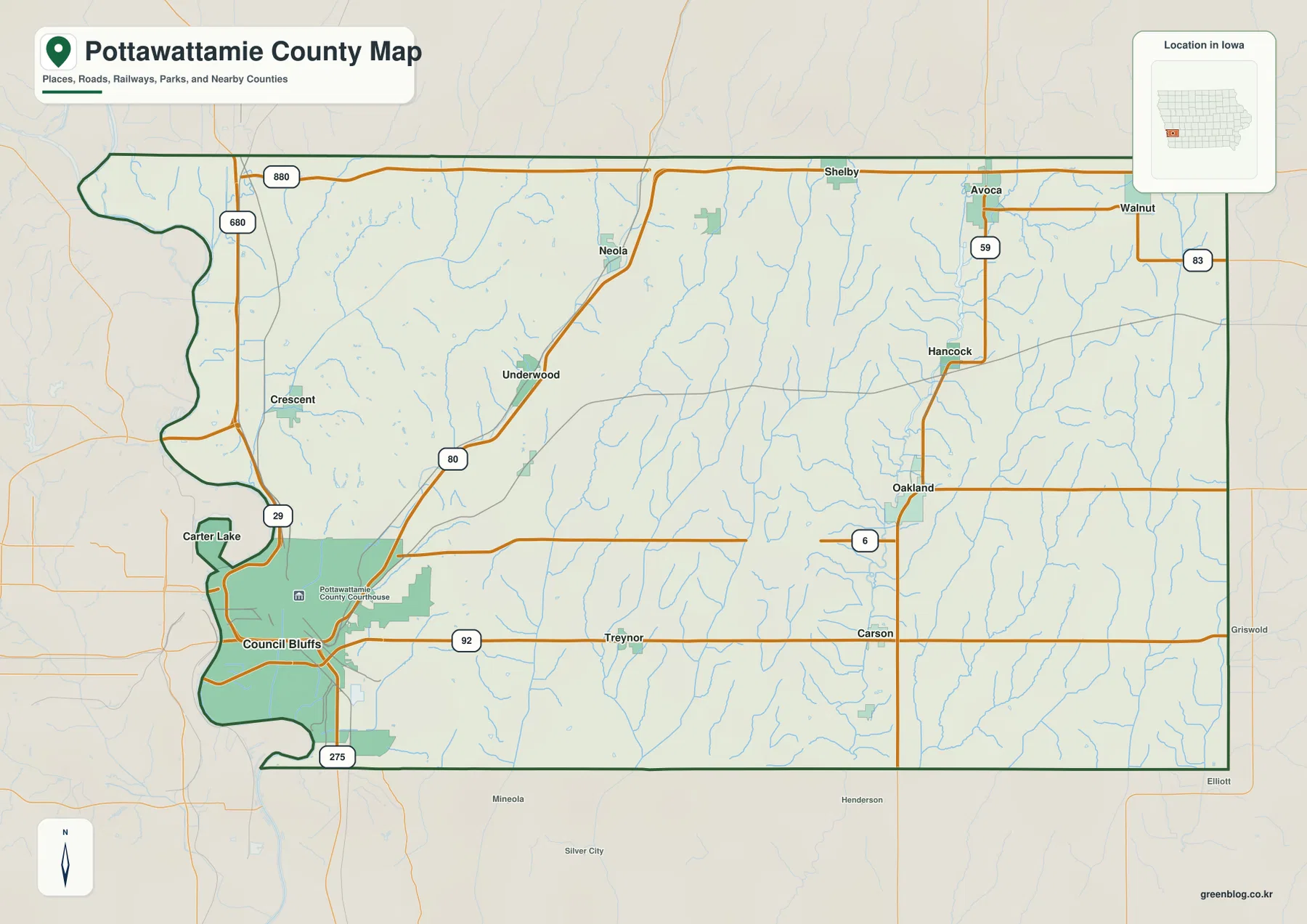 Pottawattamie County Council Bluffs I-80 I-29 Avoca Walnut 지도