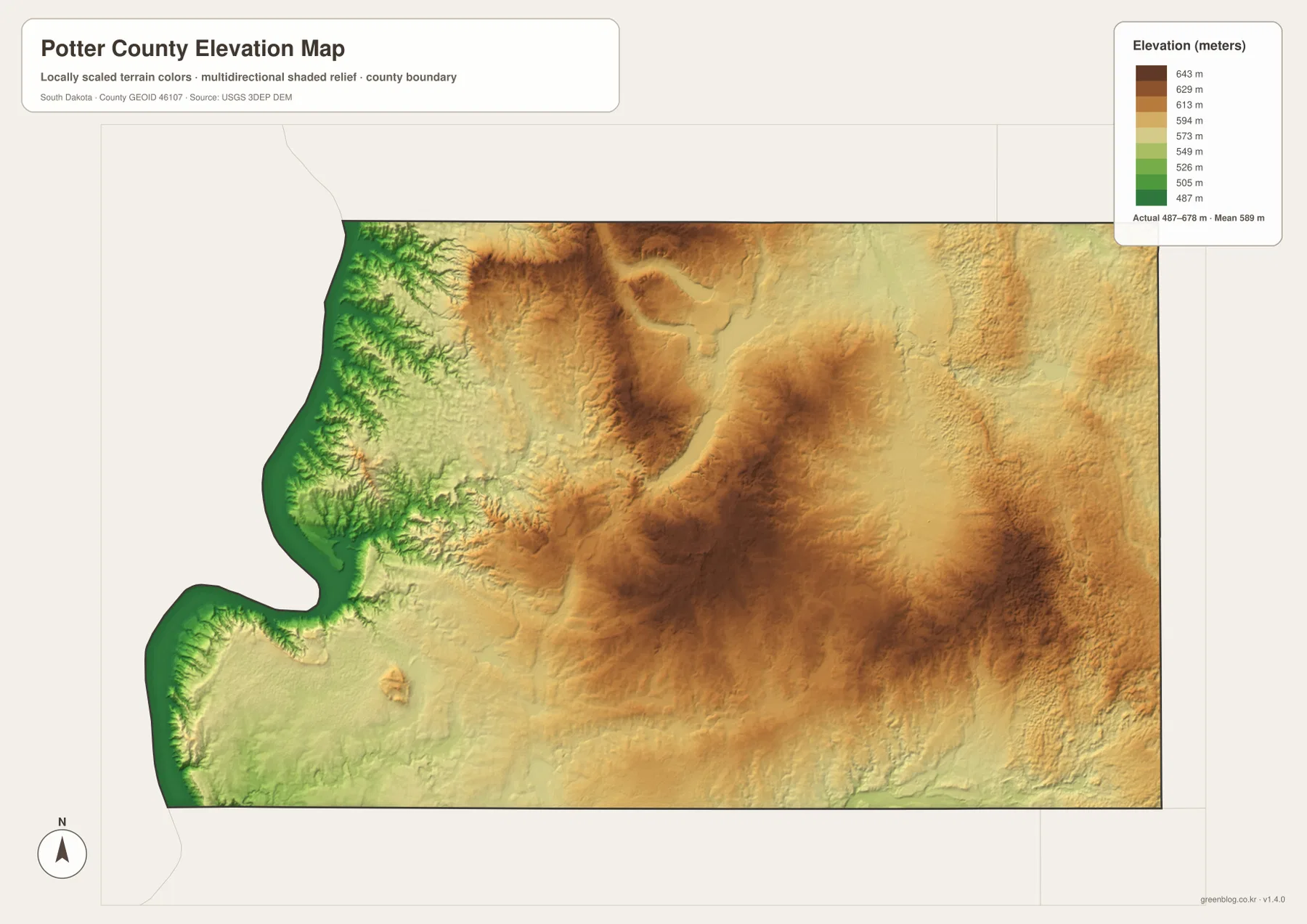 Potter County South Dakota elevation map with map-legend Actual values about 487 to 678 meters, low western valleys and higher interior ridges