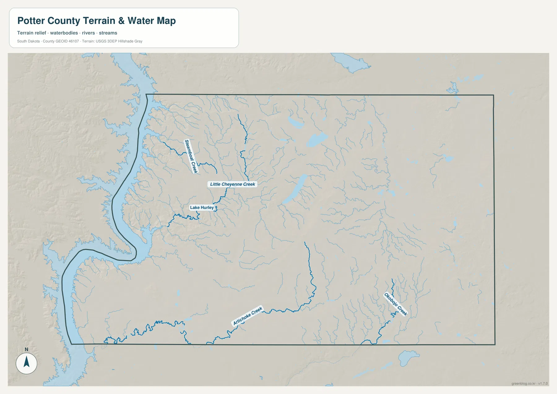 Potter County water map showing Little Cheyenne Creek, Steamboat Creek, Lake Hurley, Artichoke Creek and Okobojo Creek