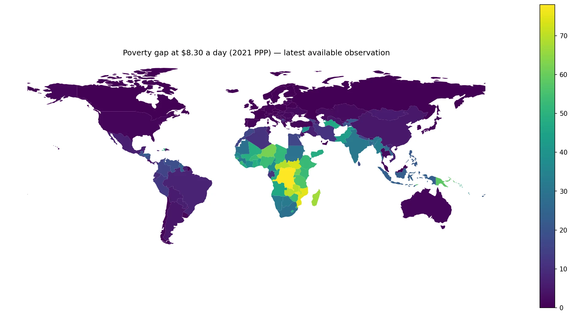 World map of the latest available poverty-gap observations at 8.30 dollars a day in 2021 PPP