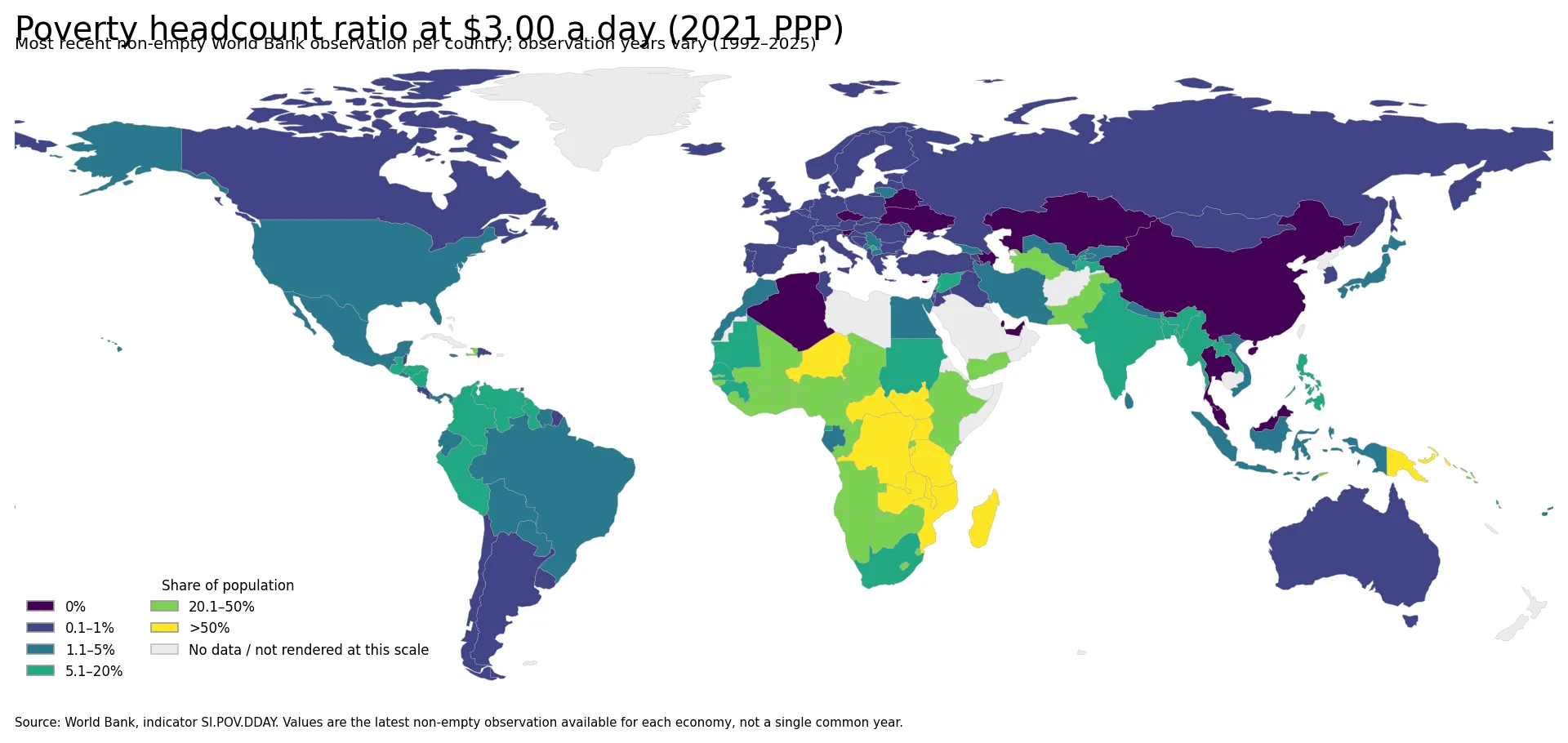Map of the latest country observations for the share of people below the $3.00-a-day poverty line at 2021 PPP