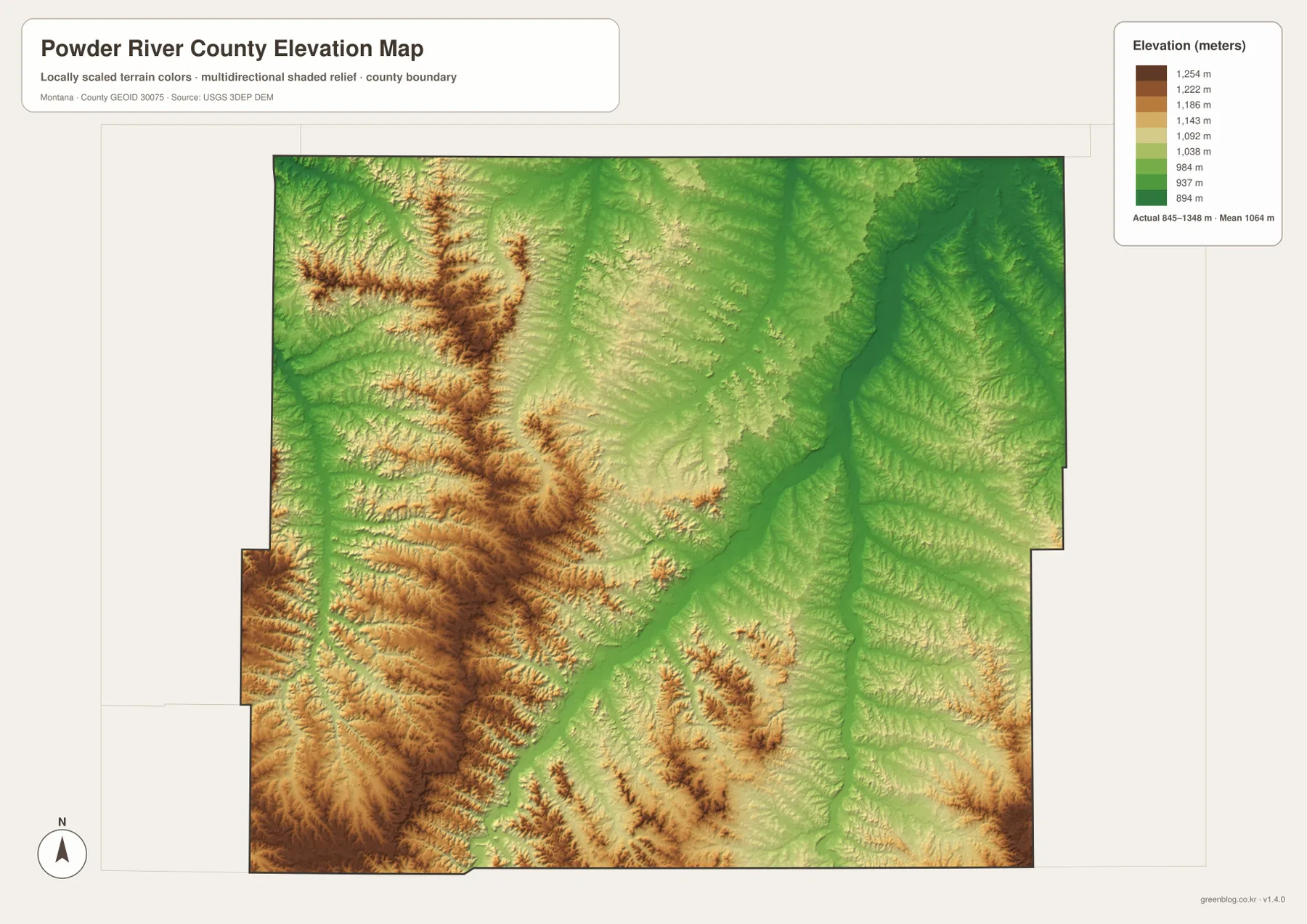 845~1348m 실제 고도 범위와 평균 1064m를 표시한 Powder River County Montana 고도 지도