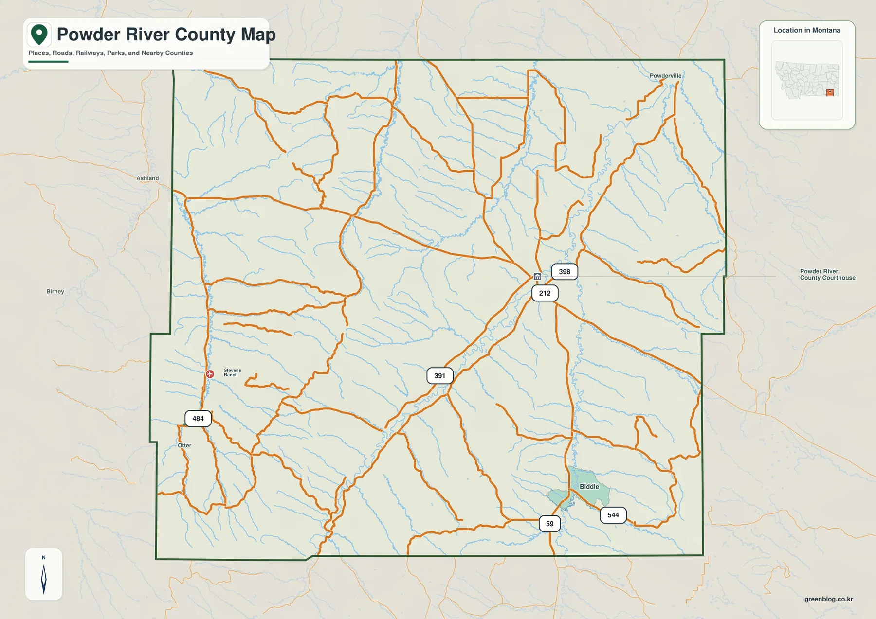 Broadus, Powderville, Biddle, Otter와 U.S. 212, 59, 391, 398, 484, 544번 도로를 표시한 Powder River County 지도