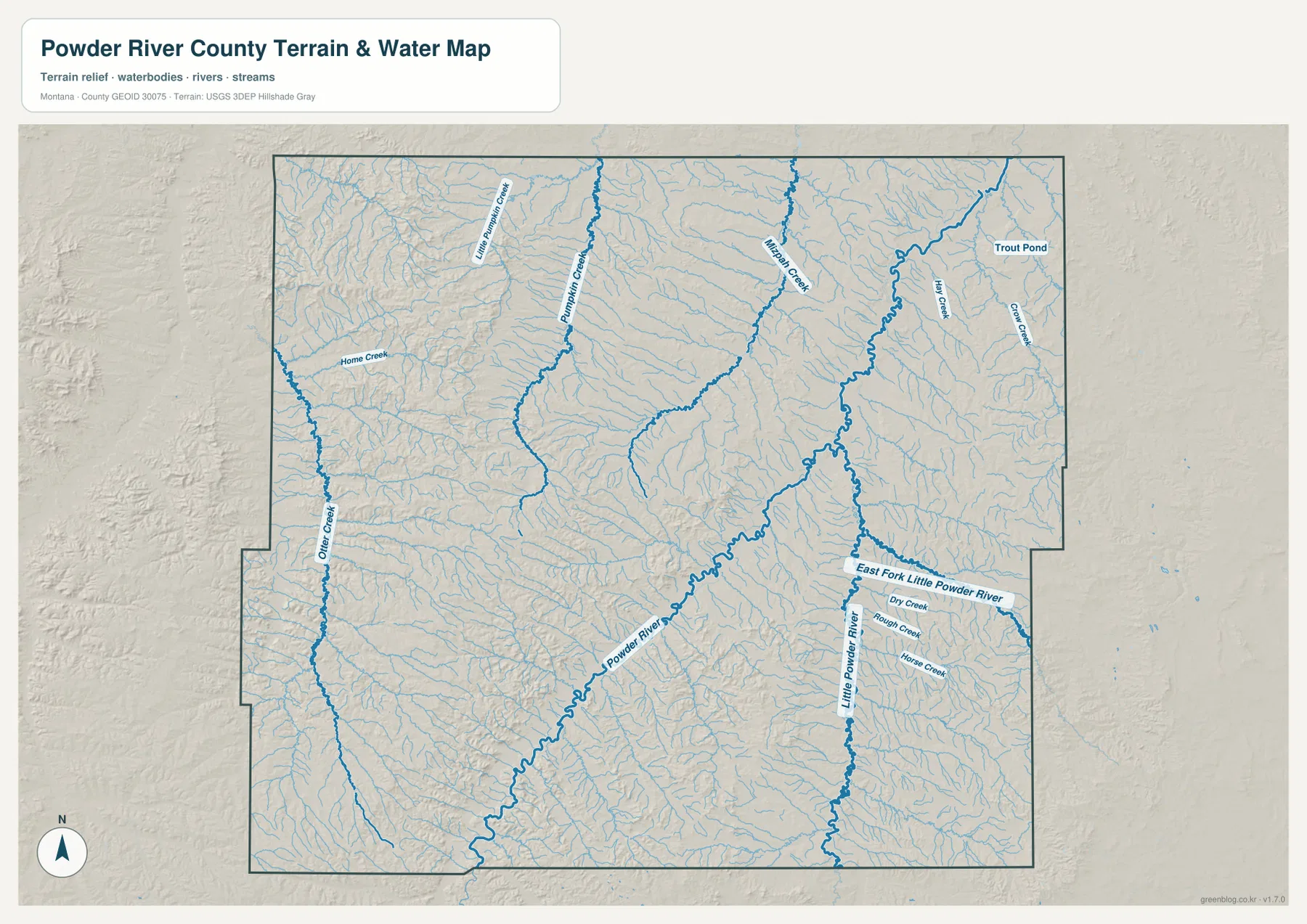 Powder River, Little Powder River, Mizpah Creek, Pumpkin Creek, Otter Creek와 Trout Pond를 표시한 Powder River County 수역 지형 지도