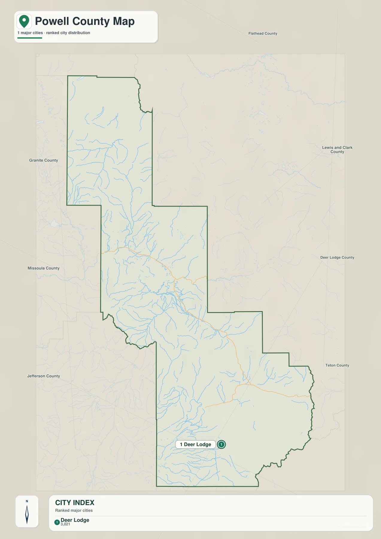 Powell County city map showing Deer Lodge as the only ranked city